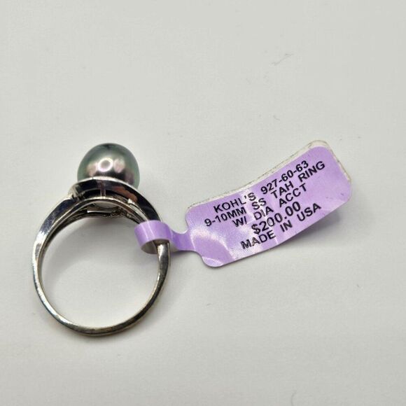 New Gray Tahitian Pearl Sterling Silver Rind Size 7 Diamond Accent 10mm - Picture 10 of 10